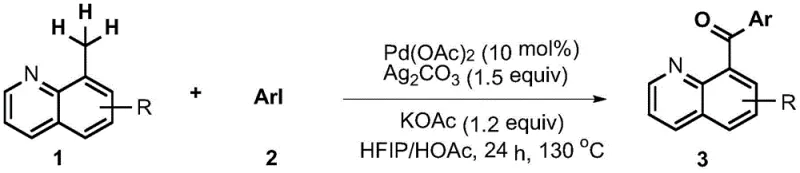 General reaction scheme showing Pd(OAc)2-catalyzed conversion of substituted 8-methylquinoline (1) with aryl iodide (2) to phenyl(quinolin-8-yl)methanone derivatives (3) using Ag2CO3 additive and KOAc base in HFIP/HOAc solvent system