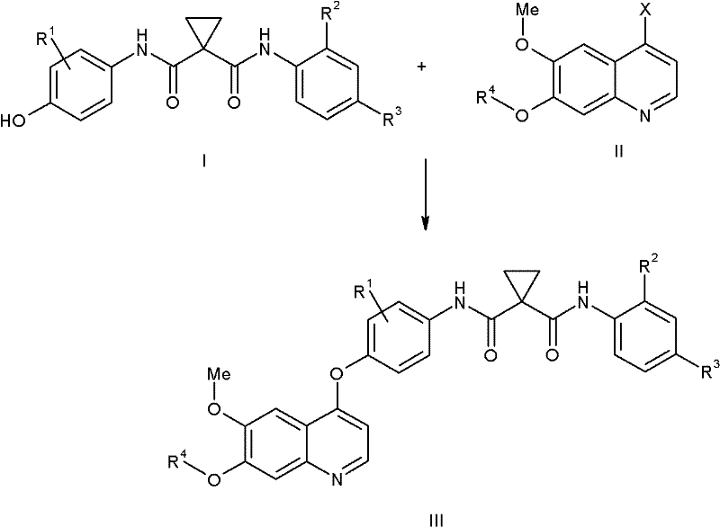 General coupling reaction scheme showing Formula I and Formula II reacting to form Formula III