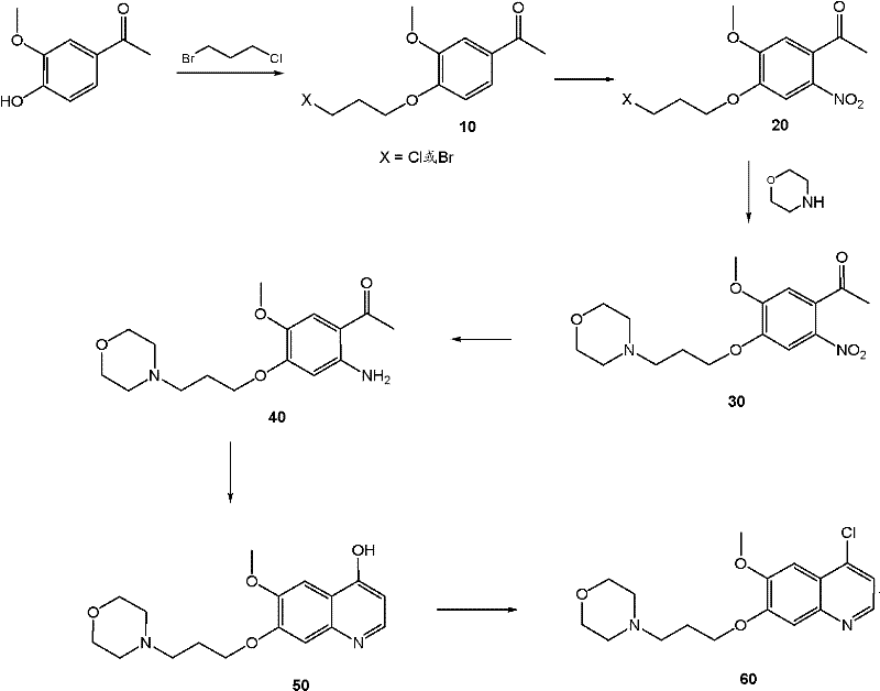 Scheme 2 illustrating the multi-step synthesis of the 4-chloroquinoline intermediate