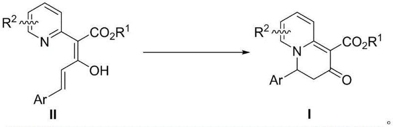 Reaction scheme showing the conversion of 2-pyridine acetate derivative II to 3,4-dihydro-2H-quinolizin-2-one compound I