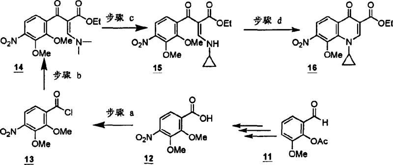 Specific synthesis example showing multi-step preparation of nitro-substituted quinolone derivative