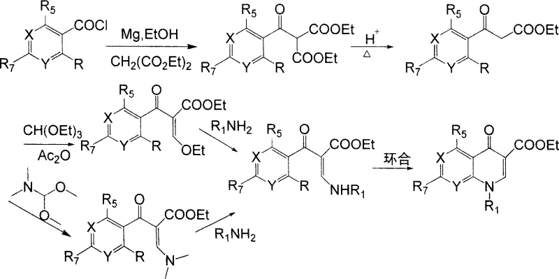 General reaction scheme for synthesizing quinolone main ring compounds from o-haloaroyl chloride