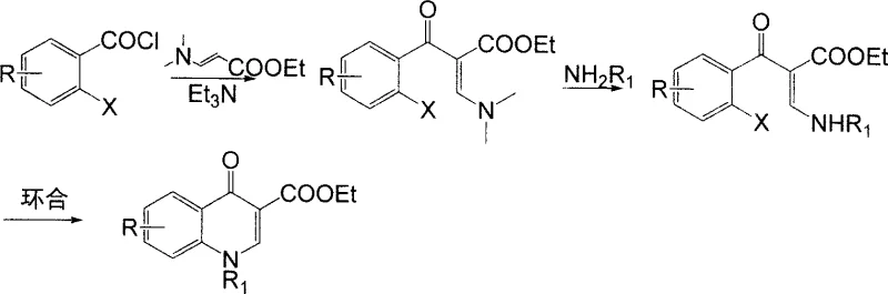 Prior art synthesis route by Bayer A.G. showing dimethylamine protection steps