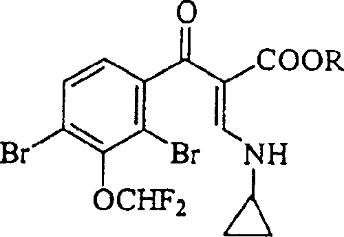 Chemical structure of 3-cyclopropylamino-2-[2,4-dibromo-3-(difluoromethoxy)benzoyl]-2-acrylic acid alkyl ester intermediate