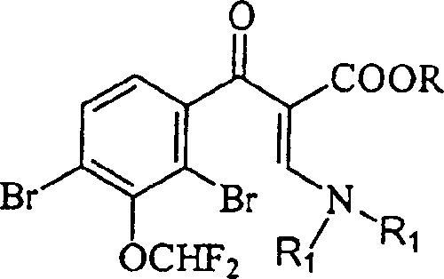 Reaction scheme showing the formation of 3,3-dialkylamino-2-[2,4-dibromo-3-(difluoromethoxy)benzoyl]-2-acrylic acid alkyl ester intermediate