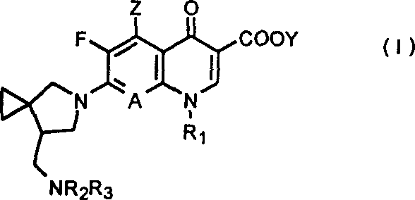 Chemical structure of Formula I showing the quinolone core with the 7-(7-aminomethyl-5-azaspiro[2,4]heptane) substituent