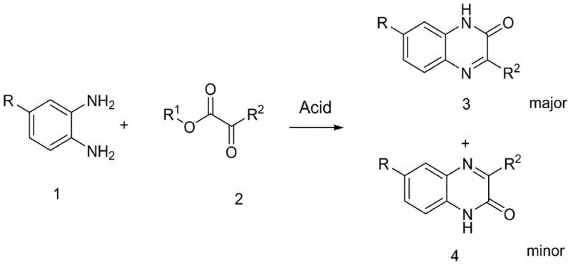 General reaction scheme showing high regioselectivity for quinoxaline-2-one