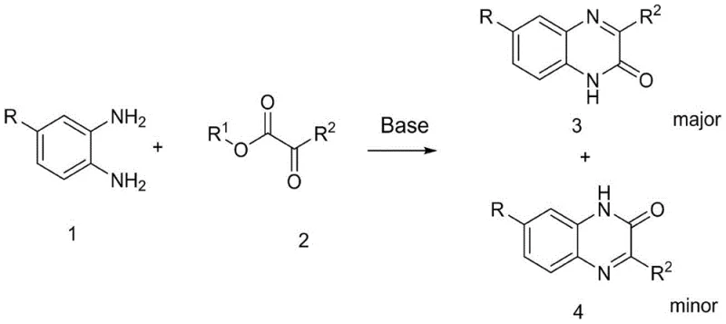 Novel base-catalyzed reaction scheme yielding quinoxaline-3-one as major product