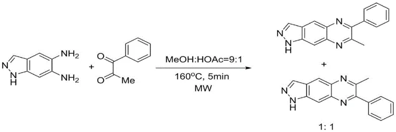 Microwave assisted synthesis showing 1:1 regioisomer ratio