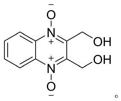 Chemical structure of 2,3-quinoxaline dimethanol-1,4-dioxide showing the quinoxaline ring with N-oxide groups and hydroxymethyl substituents