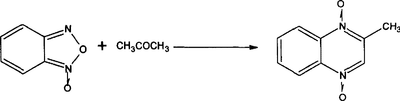 Beirut condensation reaction mechanism showing benzofurazan reacting with acetone to form the quinoxaline core