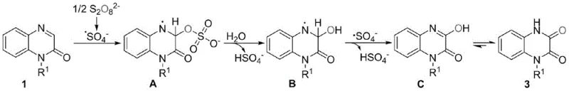Detailed radical reaction mechanism showing the formation of intermediates A, B, and C leading to the final product