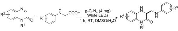 General reaction equation showing quinoxalinone and N-arylglycine coupling via g-C3N4 photocatalysis