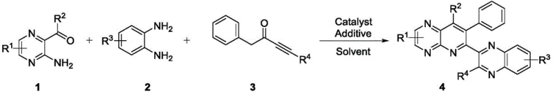One-pot reaction scheme showing the condensation of amino pyrazinyl ketone, phenylenediamine, and alkynone catalyzed by RuCl3