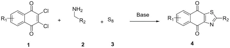 General reaction scheme showing alkali-promoted one-pot synthesis of quinoxothiazole compounds from dichloronaphthoquinone (1), methylamine derivatives (2), and elemental sulfur (3)