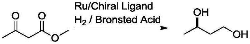 Chemical reaction equation showing asymmetric hydrogenation of methyl acetoacetate to (R)-1,3-butanediol