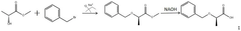 Reaction scheme showing the synthesis of (R)-2-benzyloxypropionic acid from R-methyl lactate using sodium tert-amylate and benzyl bromide