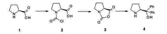 Synthesis pathway of the chiral catalyst (S)-alpha,alpha-diphenylprolinol from (S)-proline