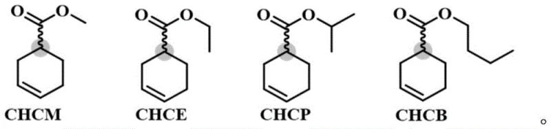 Chemical structures of 3-cyclohexene-1-carboxylate substrates including methyl (CHCM), ethyl (CHCE), isopropyl (CHCP), and butyl (CHCB) esters demonstrating broad substrate specificity
