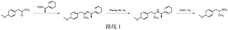 Conventional synthesis route showing imine formation and Raney-Ni hydrogenation