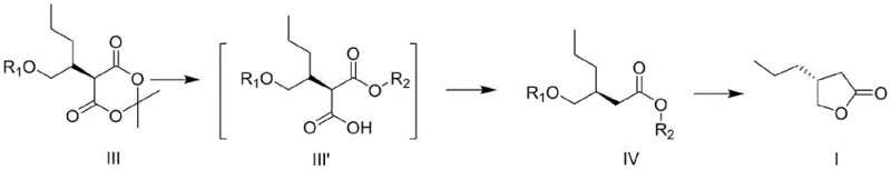 Core invention route showing decarboxylation and lactonization steps