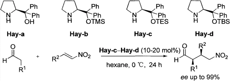 General structure of prolinol catalysts Hay-a to Hay-d and their application in asymmetric Michael addition reactions
