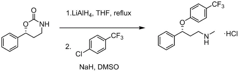 Full synthetic sequence from chiral lactone to (R)-Fluoxetine via aminolysis, rearrangement, and reduction