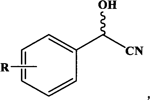 General reaction scheme showing nitrilase-catalyzed hydrolysis of substituted mandelonitrile derivatives to corresponding mandelic acids