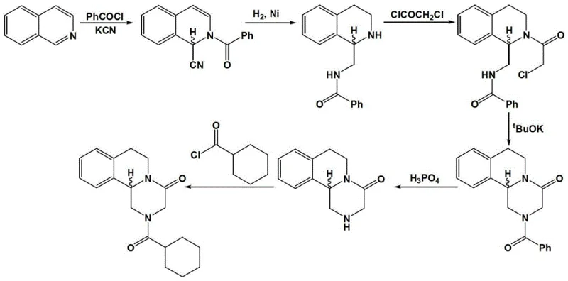 Traditional chemical synthesis route of praziquantel showing toxic reagents and complex steps