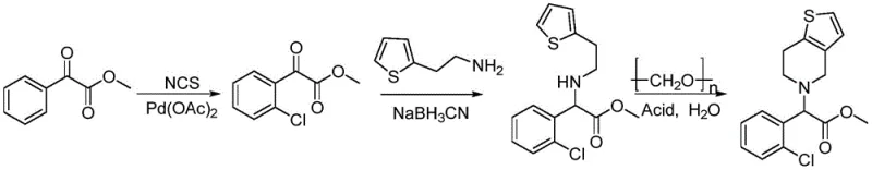 Three-step reaction scheme for Racemic Clopidogrel synthesis involving Pd-catalysis and cyclization