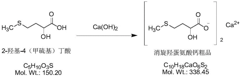 Reaction scheme for the salt formation of 2-hydroxy-4-(methylthio)butyric acid with Calcium Hydroxide