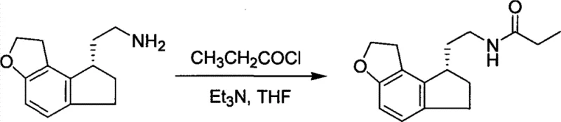 Chemical reaction showing the propionylation of the chiral amine intermediate to form Ramelteon