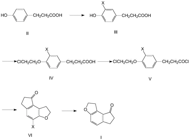 General reaction scheme for the synthesis of 1,2,6,7-tetrahydro-8H-indeno[5,4-b]furan-8-one from p-hydroxy-phenyl propionic acid