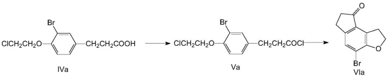 Detailed reaction mechanism showing the cyclization of the acyl chloride intermediate to form the bromo-substituted indeno-furan ketone