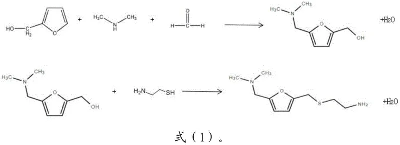 Reaction scheme showing the two-step condensation of furfuryl alcohol with dimethylamine and formaldehyde followed by cysteamine addition to form the Ranitidine intermediate