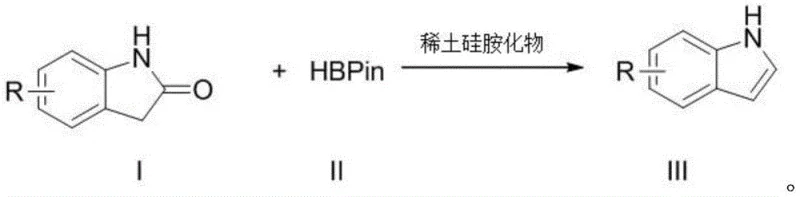 General reaction scheme showing the conversion of 2-indolone derivatives to indoles using rare earth silamide catalyst and HBPin