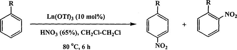 General reaction scheme showing nitration of aromatic compounds catalyzed by Ln(OTf)3 to form nitro-substituted products