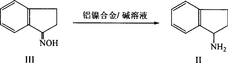 Reaction scheme showing the reduction of 2,3-dihydro-1H-inden-1-one oxime to 2,3-dihydro-1H-inden-1-amine using Al-Ni alloy in alkaline solution