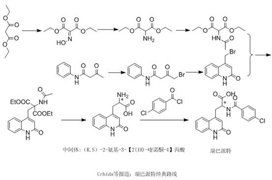 Classical multi-step synthetic route for Rebamipide intermediate showing complex precursor synthesis