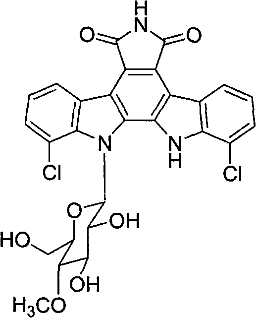 Chemical structure of Rebeccamycin showing the indolocarbazole core and glucose moiety