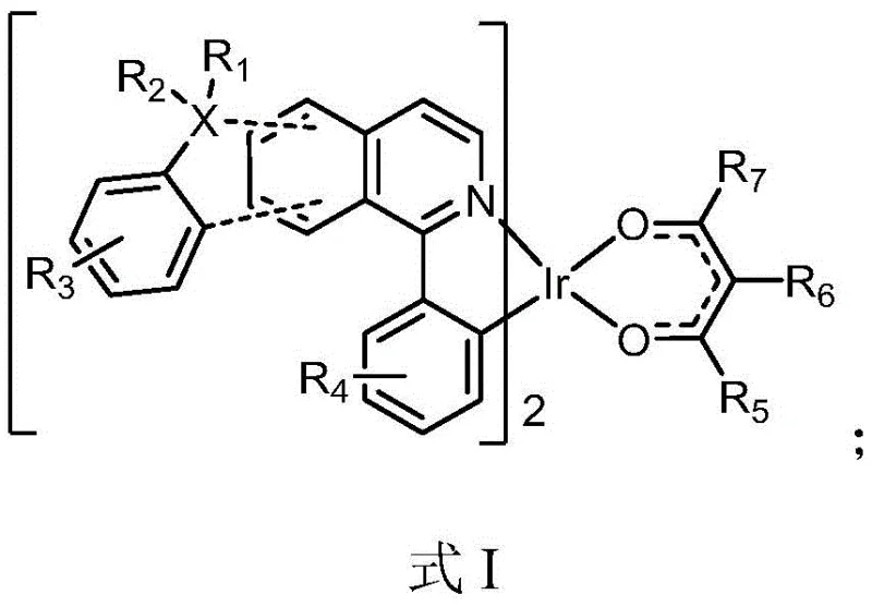 General structural formula of the red light electroluminescent iridium complex showing variable substituents R1-R7