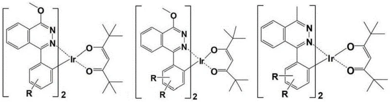 General structural formulas of the novel tricyclic metal iridium complexes showing varied steric hindrance groups