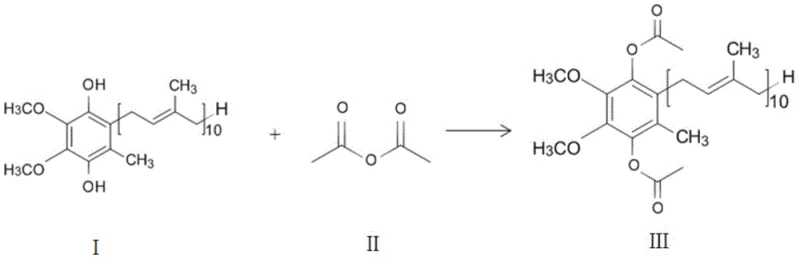 Chemical reaction scheme showing the esterification of Reduced Coenzyme Q10 with Acetic Anhydride to form Reduced Coenzyme Q10 Acetate