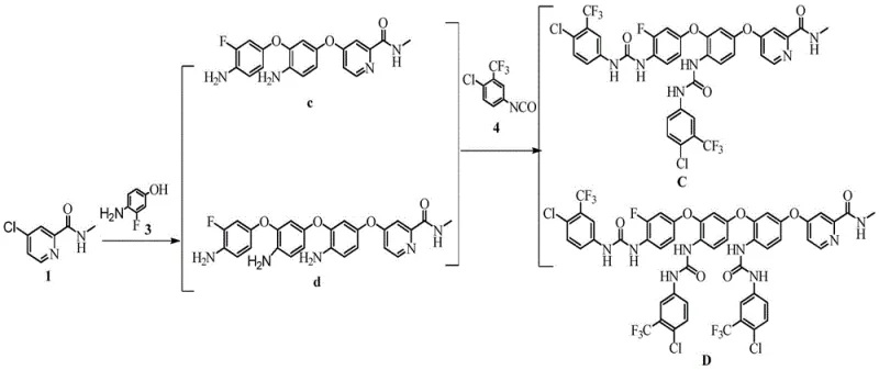 Overall reaction scheme showing the synthesis of intermediates c and d followed by conversion to substances C and D
