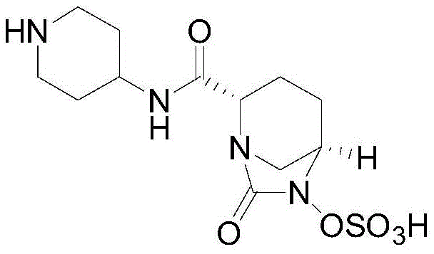 Chemical structure of Relebactam showing the diazabicyclooctanone core and sulfate ester moiety