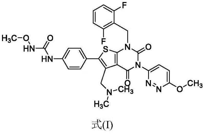 Chemical structure of Relugolix (Formula I) showing the core thiophene-pyrimidine scaffold