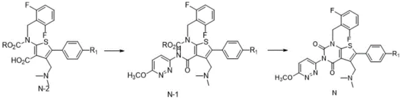 Novel synthesis route (Formula N-2 to N) using acyl chloride and inorganic base