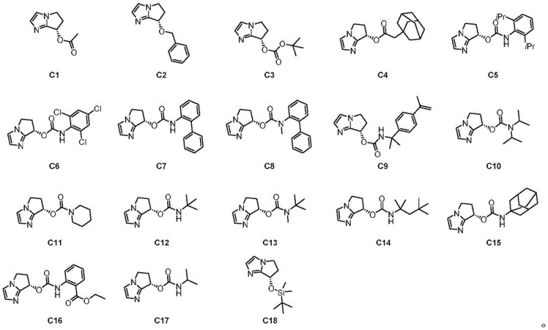 Structural formulas of chiral bicyclic imidazole catalysts C1 to C18 used in Remdesivir synthesis