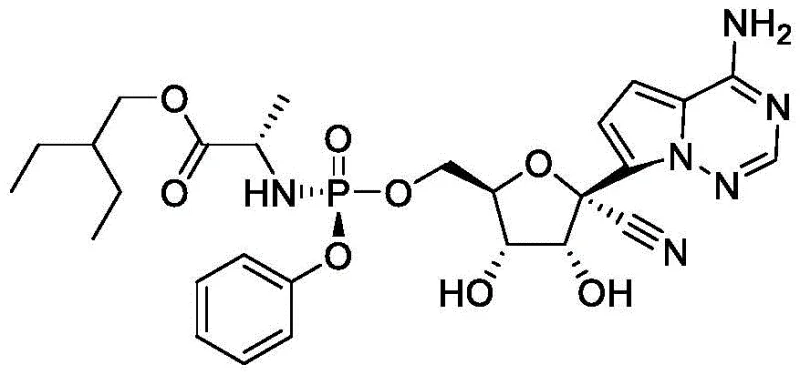 Chemical structure of Remdesivir showing the cyano-substituted adenosine nucleotide analogue framework