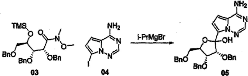 Detailed coupling reaction mechanism showing the formation of the nucleoside analog from the Weinreb amide